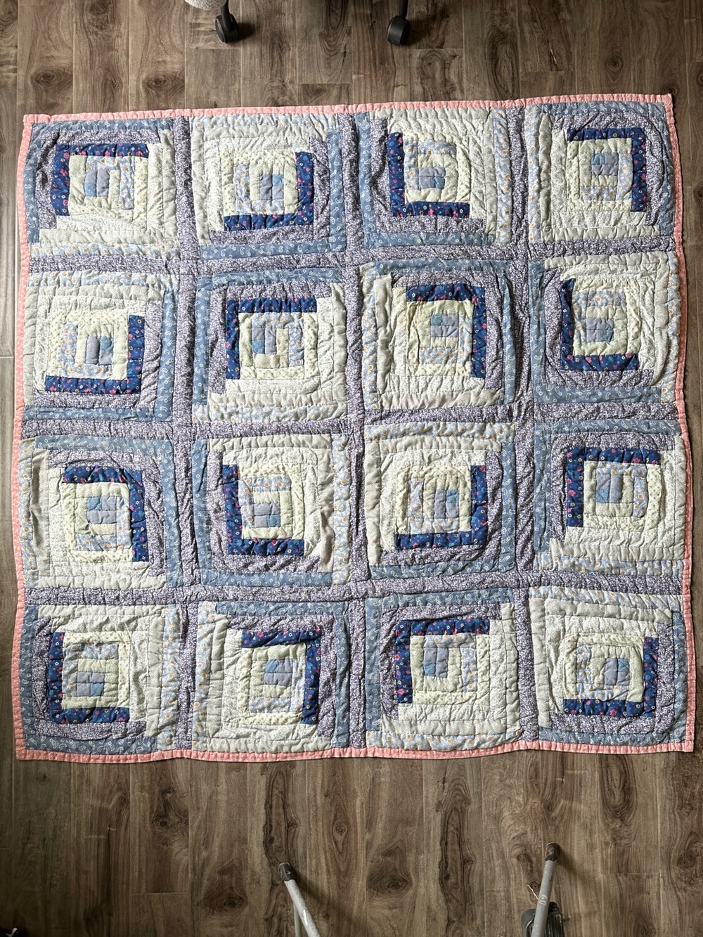 Reversible Patchwork Log Cabin Pattern Quilt Vintage 70s Country Throw Blanket